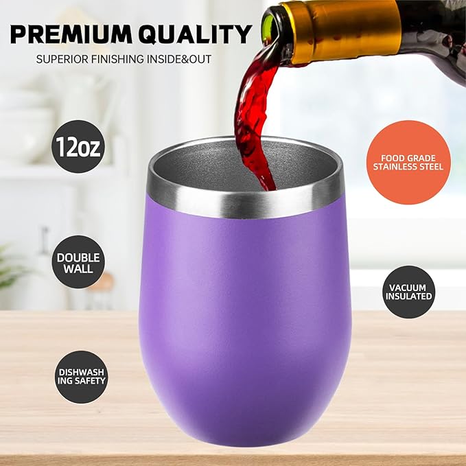 StarSpeed 12oz/8 Pack Wine Tumbler with lid, Stainless Steel Travel Mugs Stemless Double Wall Insulated Coffee Cup, Insulated Wine Glasses Travel Tumbler for Cold & Hot Drinks(Purple, 8)
