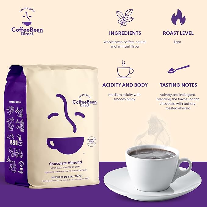 Coffee Bean Direct Chocolate Almond Flavored, Whole Bean Coffee, 5 Pound Bag (Pack of 1)