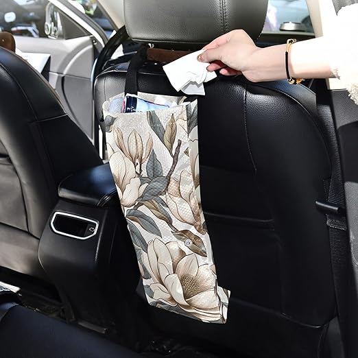 ALAZA Hanging Car Trash Bags Garbage Bag Trash Can for Back Seat Small Mangnolia Flower Washable Storage Bag Retractable 2 Pack