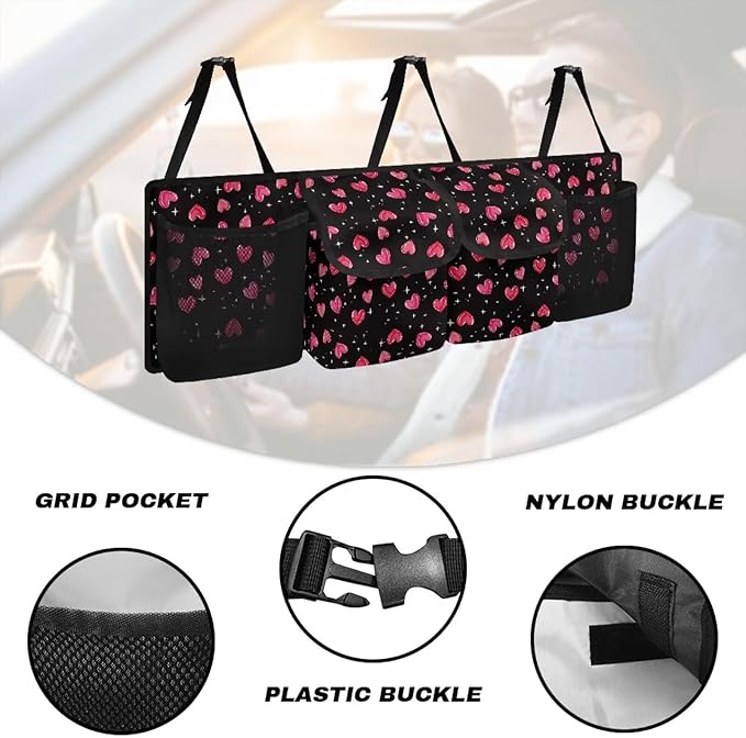 Car Trunk Organizer, Valentine'S Day Love Heart Backseat Storage Bag with 4 Pockets, Waterproof Large Capacity Hanging Collapsible Bag for Most Vehicles, Universal Car Accessories