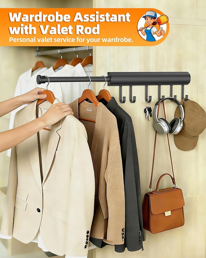 12 inch Valet Rod for Closets Pull Out, Closet Rods Extenders for Hanging Clothes Telescoping Adjustable With 6 Hooks (Black, 12 Inch-1 Pack)