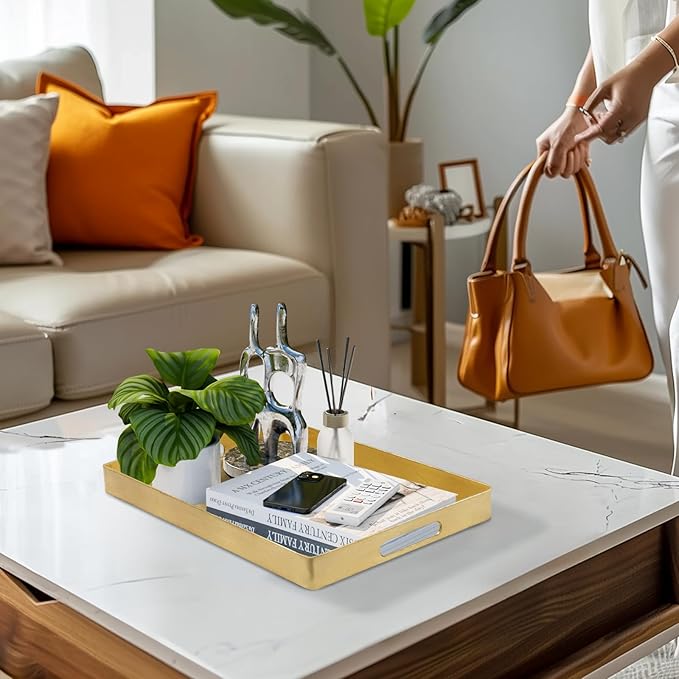 MAONAME Gold Decorative Tray with Handles, Foil Serving Tray for Ottoman, Rectangular Coffee Trays for Living Room, Bathroom, 11.8" L x 8" W x 1.6" H