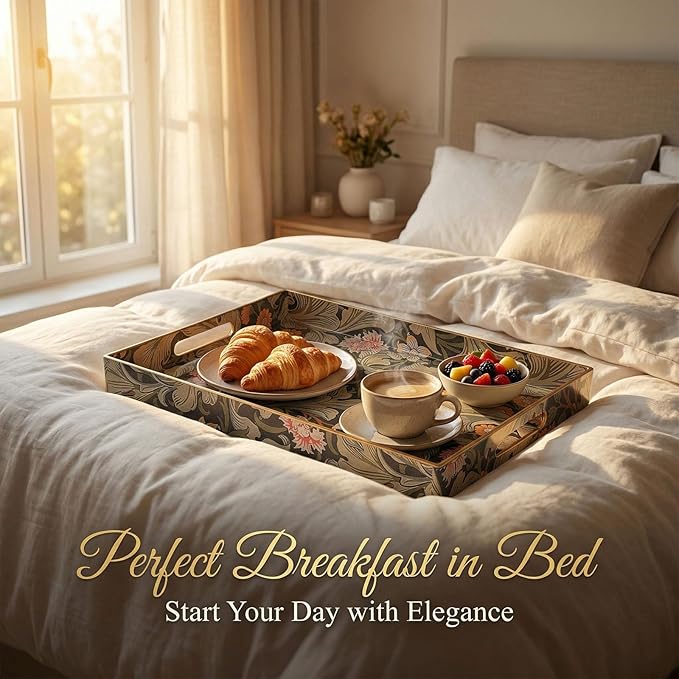 Zosenley Vintage William Morris-Style Serving Tray with Handles - 15.7" x 11.8" Floral Pattern Decorative Platter for Coffee Table, Ottoman & Breakfast in Bed - Sturdy Plastic Rectangular Tray