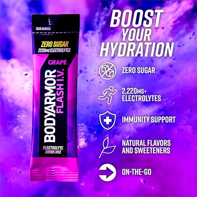 BODYARMOR Flash IV Electrolyte Packets, Grape - Zero Sugar Drink Mix, Single Serve Packs, Coconut Water Powder (6 Count) (Pack of 2)
