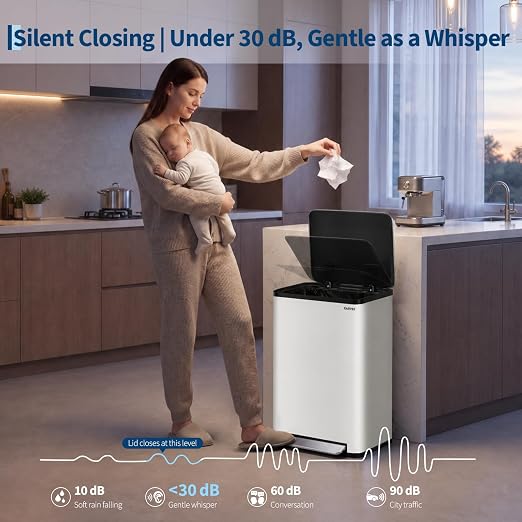 13 Gallon Trash Can Kitchen Garbage Bin with Removable Inner Buckets 50L Stainless Steel Step-on Metal Large Waste Cans with Soft Close Lid White