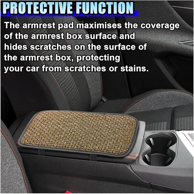 Car Center Console Armrest Pad, Linen Fabric Auto Armrest Box Protector Cover, 11.6 × 7.7 Inch Vehicle Middle Console Mat, Universal Interior Decoration Accessory for Car, SUV, Truck (Beige)