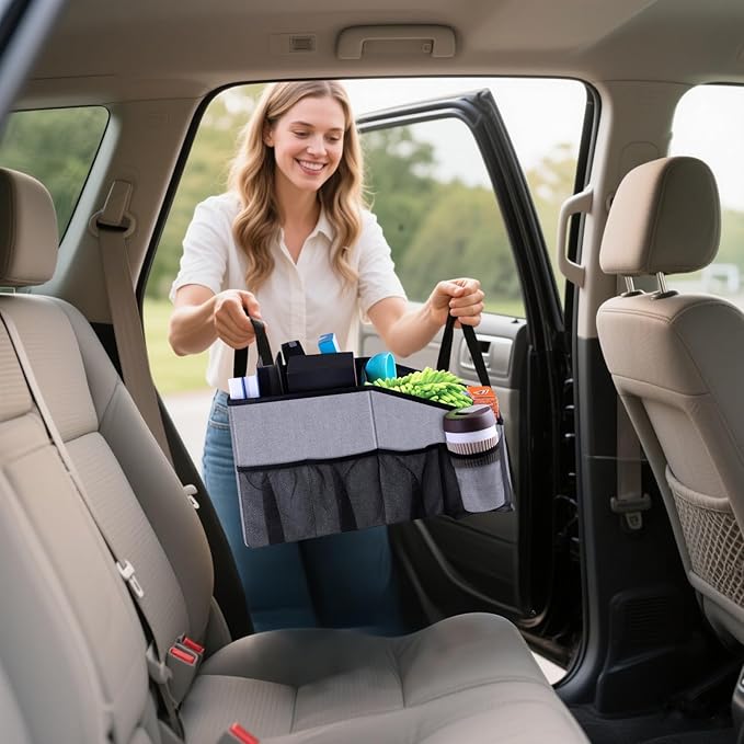 Smof Car Seat Organizer-Car Organizer Front Back Seat for Kids Collapsible Car Backseat Storage with Detachable Divider, Cup Holders & Mesh Pockets, Small Travel Organization for Trunk