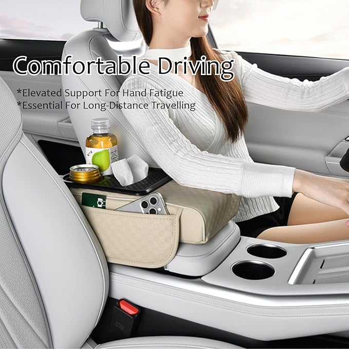 Car Center Console Armrest Pad, Arm Rest Box Cushion with Ergonomic Height Boost, Storage Pockets, Built-in Tissue Box, Cupholder, Fit for Most Sedan Vehicles (Embossing Checkerboard, Orange)