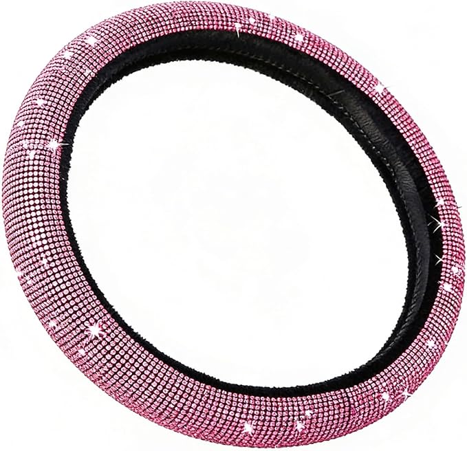 Bling Diamond Steering Wheel Cover, Universal Fit 14.5-15 Inch, Elastic No Inner Ring, All Season Car Decor(Pink)