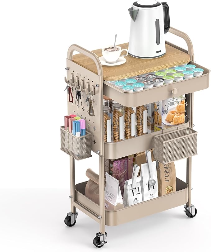 ALVOROG Rolling Cart with Drawer and Wood Table Top, 3 Tier Metal Rolling Utility Cart on Wheels with DIY Pegboards, Hanging Baskets, Hooks for Kitchen, Bedroom, Office, Craft Supplies