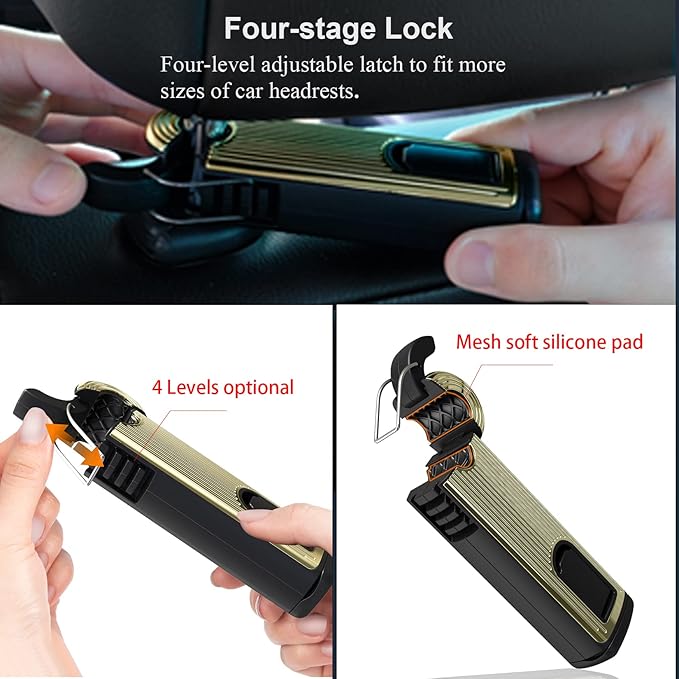 Car Headrest Hidden Hook, New Upgraded 2 in 1 Car Seat Hook with Phone Holder, 360° Rotation Car Hooks for Purses and Bags, Grocery Bag & Handbag (Gold - 1PCS)