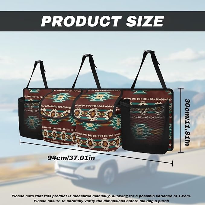 Brown Aztec Trunk Organizer for SUV, Car Organizer Back Seat Hanging Car Storage Container with 4 Pockets Collapsible Cargo Bag Car Interior Accessory