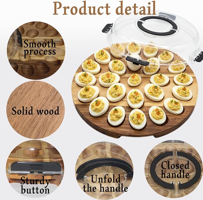 Deviled Egg Containers with Lid, 2026 Upgraded Acacia Wood Deviled Egg Platter – 24 Holes Round Tray with Egg Slicer, Piping Tips & Mini Tongs, Complete Deviled Eggs Carrier Set for Easter Party