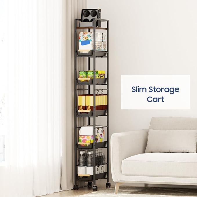 6 Tier Slim Storage Cart with Pull-Out Baskets Rolling Cart with Wheels Wood Top Narrow Utility Cart Metal Shelving Units for Pantry Laundry Room Bathroom Kitchen Black 8in(W)