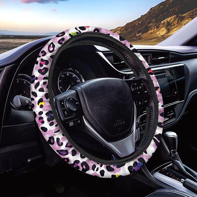 Universal Non-Slip Steering Wheel Cover, 15-inch Polyester Material Driving Accessories, Adjustable for Car and Truck(Vintage Lavender Colorful Leopard)