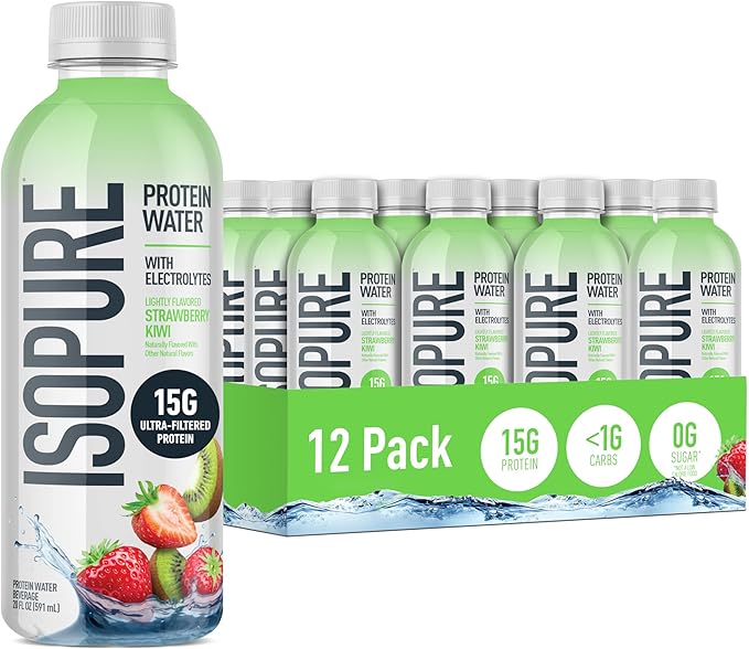 Isopure Clear Protein Water with Electrolytes, 15g Whey Protein Isolate, Zero Sugar, Strawberry Kiwi, 20 fl oz, 12-Pack