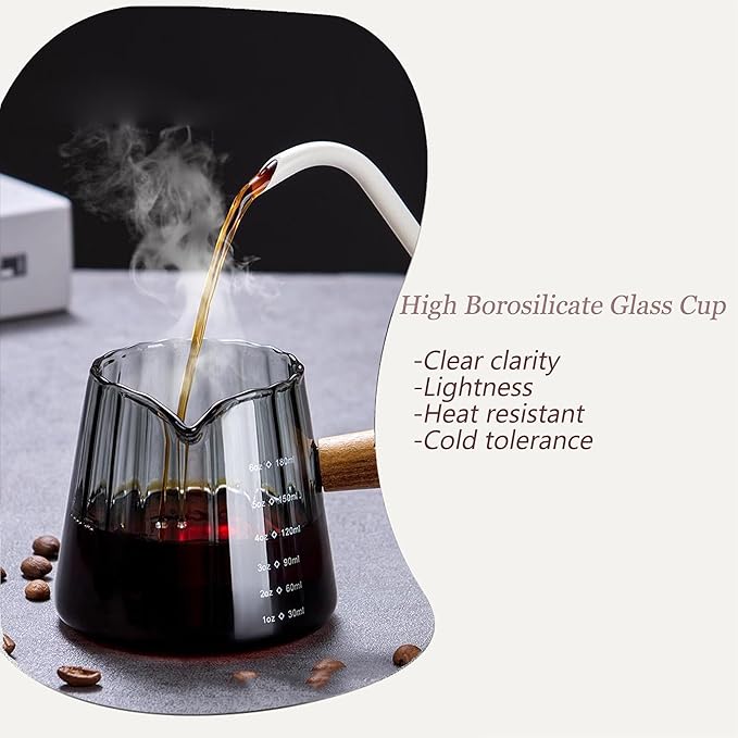 FANTESTICRYAN 6OZ Measuring Cup, Ribbed Borosilicate Glass Espresso Cup, V-Shaped Spout Drain Espresso Double Shots, Coffee Milk Tea Accessories (Dark Gray, Wood Handle)