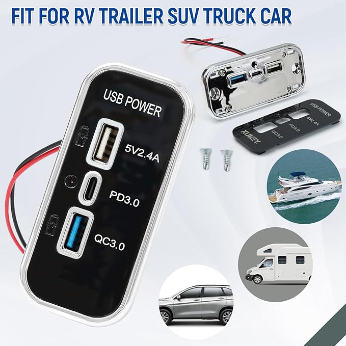 3 Ports 12V RV USB Outlet 45.5W, 2PCS PD3.0 Type-C Quick Charge & Dual USB A Port 3.1A Panel Wall Mount, Automotive Car Socket Charger Adapter for RV Marine Boat Bus ATV Motorcycle Truck,2PCs Silver