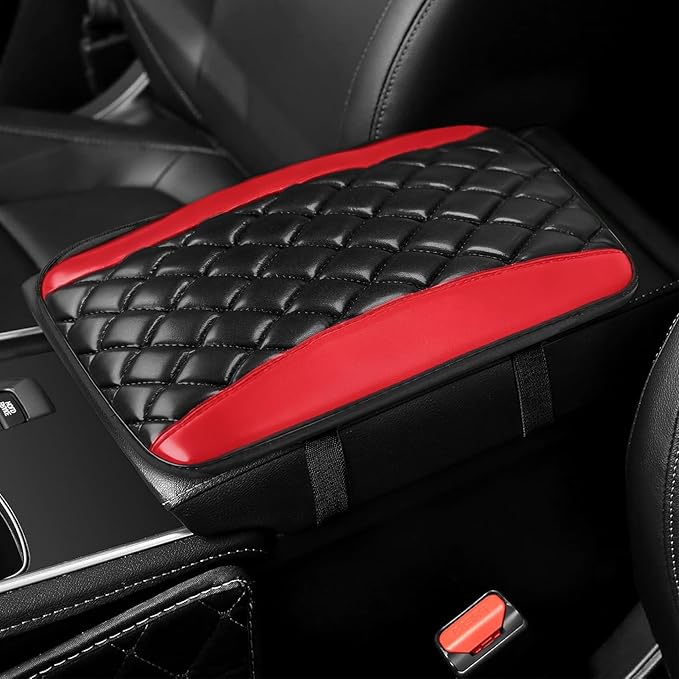 Car Center Console Cover, Leather Waterproof Armrest Seat Box Cushion Pad, Universal Decor Protector Mat, Comfortable Car Decor Accessories Fit for Most Cars, Vehicles, SUVs (Red)