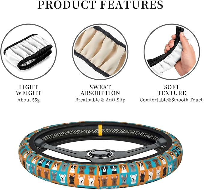 Art-Bulldog Neoprene Steering Wheel Covers Women Men Car Accessories, Universal 15 Inch Fit Auto, Suvs, Truck