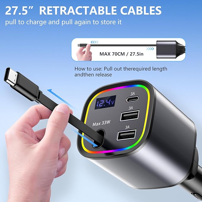 [2 Pack] Retractable Car Charger USB C 78W & 85.5W 4 in 1 Fast Car Charger, 4 Ports Cigarette Lighter Adapter with Retractable Cables, Compatible with iPhone 16/15/14/13/12/11, Galaxy, Pixel,