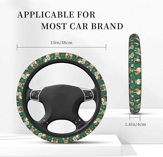Dogs Flower Pattern Car Steering Wheel Cover, 15 Inch Steering Wheel Cover Stylish Decor for Most Cars