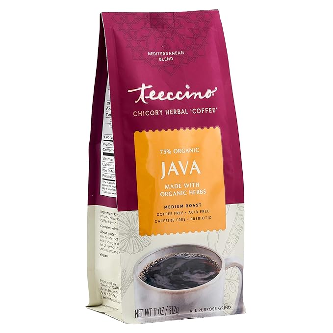 Teeccino Java Chicory Coffee Alternative - 11 Ounce - Ground Herbal Coffee That’s Prebiotic, Caffeine Free & Acid Free, Medium Roast, (Pack of 6)