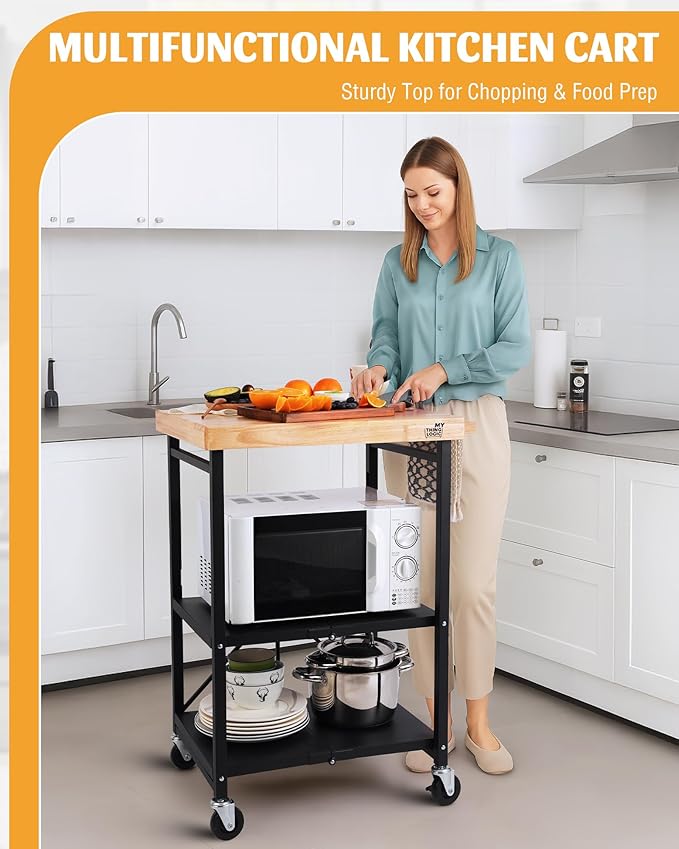 Mythinglogic Foldable Kitchen Storage Cart, 3-Tier Rolling Cart with Solid Oak Top, Heavy-Duty Metal Utility Rack for Microwave, Pots, Dish Set, Meal Prep Area, Kitchen Island on Lockable Wheels