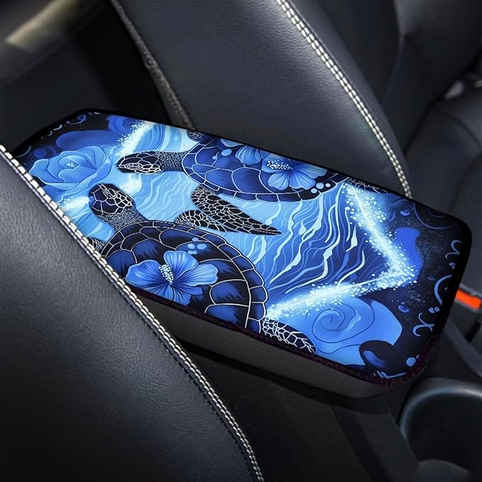 Suobstales Turtle Hibiscus Print Car Center Console Armrest Cover Seat Box Mat Auto Decorations Fit Most Vehicle SUV Truck Sedan
