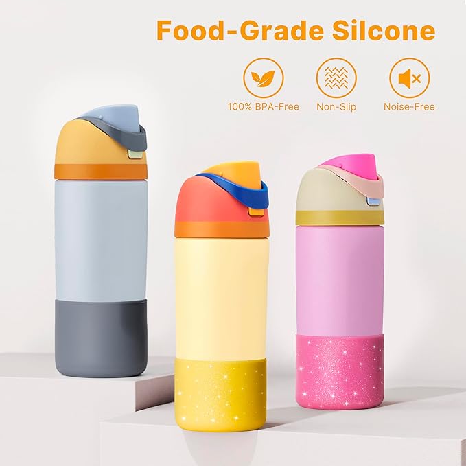 Silicone Water Bottle Boot for Owala 14/16oz, Anti-Slip Protective Sleeve Bottom Bumper Protector for Owala Kids 12 oz Tumbler, Flip 14 oz and FreeSip 16 oz Water Bottle (Glitter Yellow)