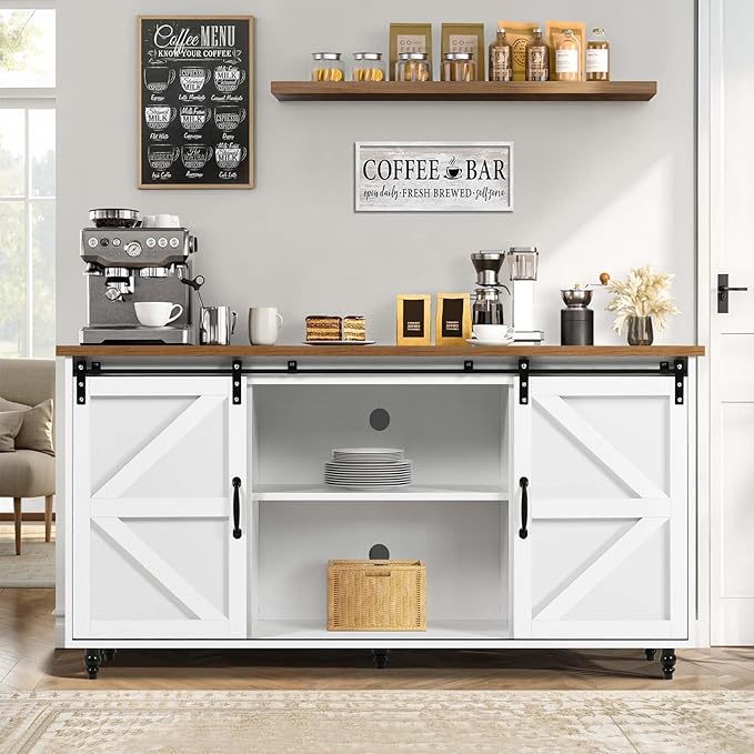 4ever2buy Farmhouse Coffee Bar Cabinet with Storage, 58'' Sideboard Buffet Cabinet with Sliding Barn Door, White Coffee Bar with Gourd Feet, Farmhouse Cabinet for Living Room