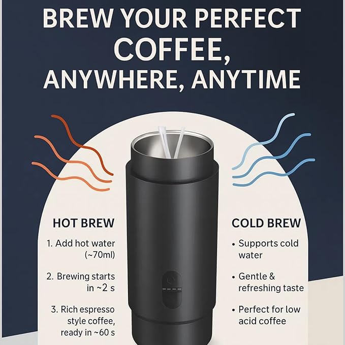 Portable Espresso Maker, 20 Bar, Travel Coffee Maker with USB Charging, Compatible with Ground Coffee & Capsules (NS), Waterproof, for Camping, Hiking, RV, Car, Office