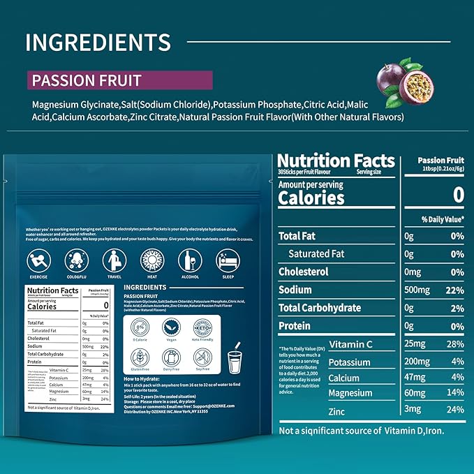 30 Sticks Electrolyte Powder Packets Sugar Free Hydration Packets Electrolytes Drink Mix for Rapid Hydration, Passion Fruit Flavor