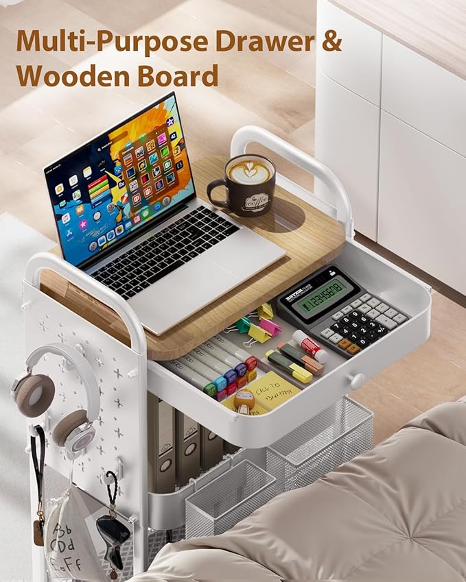 ALVOROG Rolling Cart with Drawer and Wood Table Top, 3 Tier Metal Rolling Utility Cart on Wheels with DIY Pegboards, Hanging Baskets, Hooks for Kitchen, Bedroom, Office, Craft Supplies