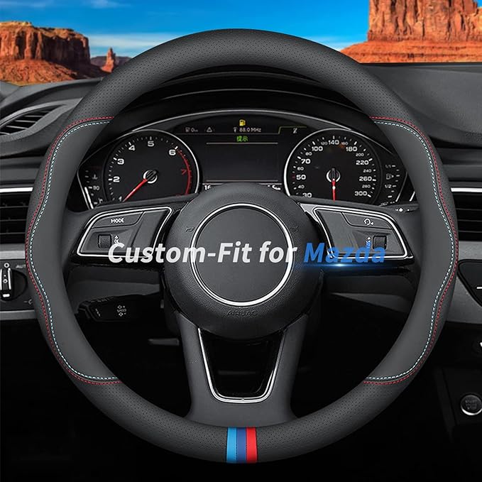 Custom-Fit for Mazda Steering Wheel Cover, Premium Leather Car Steering Wheel Cover with Logo, Non-Slip, Breathable (C-Style,for Mazda)