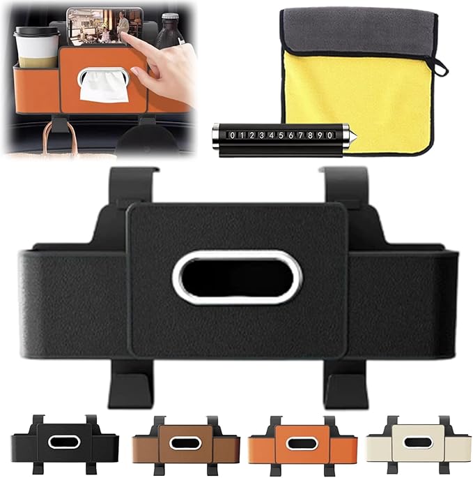 3-in-1 Car Backseat Organizer, Car Organizers and Storage Box with 2 Cup Holders & 4 Hooks, Multifunctional Car Seat Back Storage Box with Tissue Box, for Phone, Snacks, Drinks, Handbag (Black, 1PC)