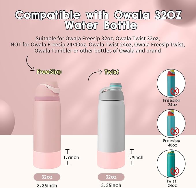 2PCS Silicone Water Bottle Boot, Compatible with Owala 24oz 32oz 40oz, Protective Anti-Scratch & Anti-Dent No Noise Sleeve Cover for FreeSip/Twist/Flip Water Bottles (Rose Quartz, 32oz)