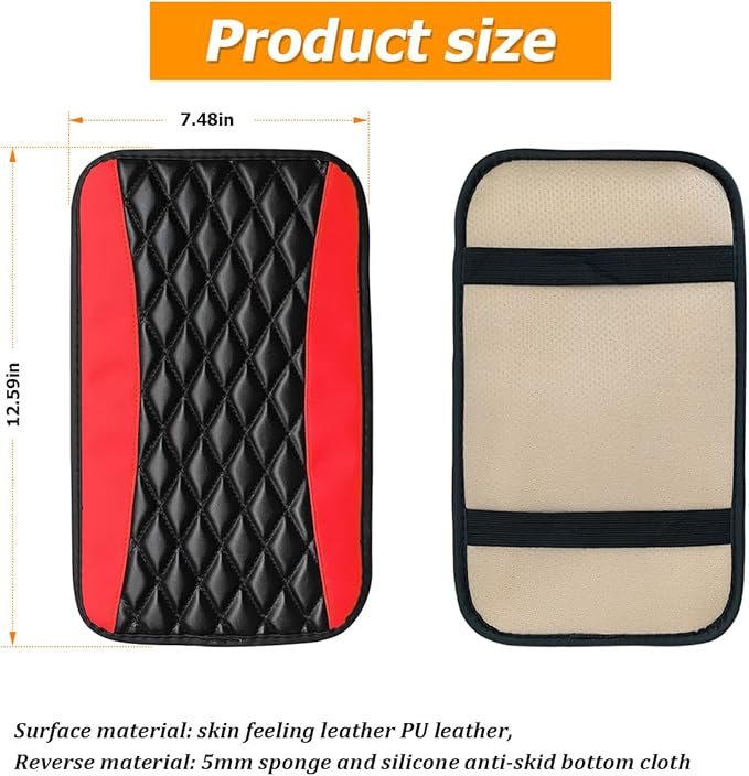Car Center Console Pad, Universal Waterproof Armrest Seat Box Cover, 12.6" x 7.5" PU Leather Auto Armrest Protector, Car Interior Accessories Decor for Most Vehicles, Truck, SUV (Red)