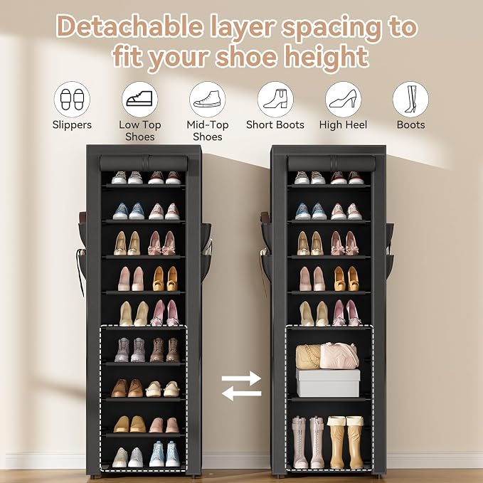 LANTEFUL Narrow Shoe Rack with Cover 10 Tier Tall Shoe Rack Organizer Large Capacity Shoe Shelf Storage 18-22 Pairs Space Saving Free Standing Shoe Storage Organizer for Closet, Entryway, Dorm, Black