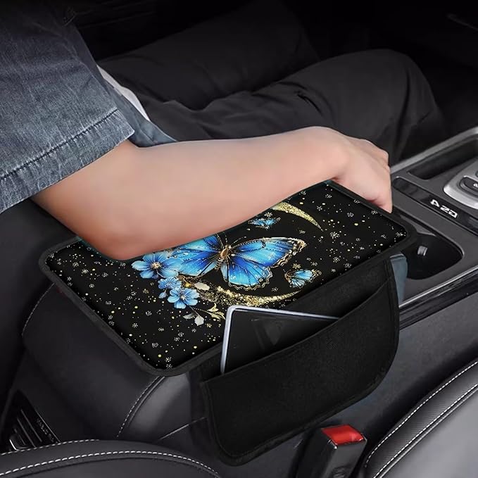 BIGCARJOB Blue Butterfly Car Center Console Cover Universal Armrest Cover for Car Center Console with Side Storage Portable Middle Console Cover Auto Center Console Organizer Bag