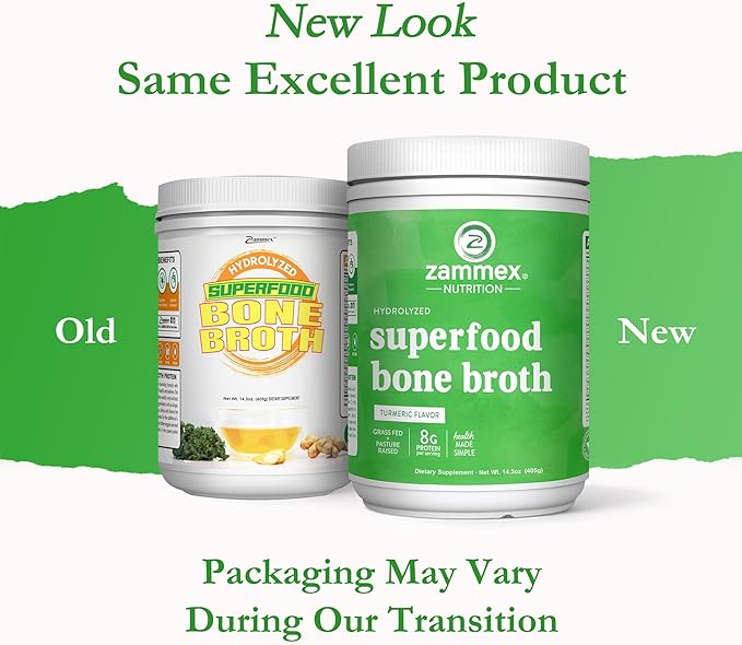 Zammex Bone Broth Plus Superfood Protein Powder (Turmeric Flavor), 8g Hydrolyzed Protein with Vitamin D, for Healthy Skin, Nails, Hair, Joints & Digestion,Non-GMO (30 Servings)