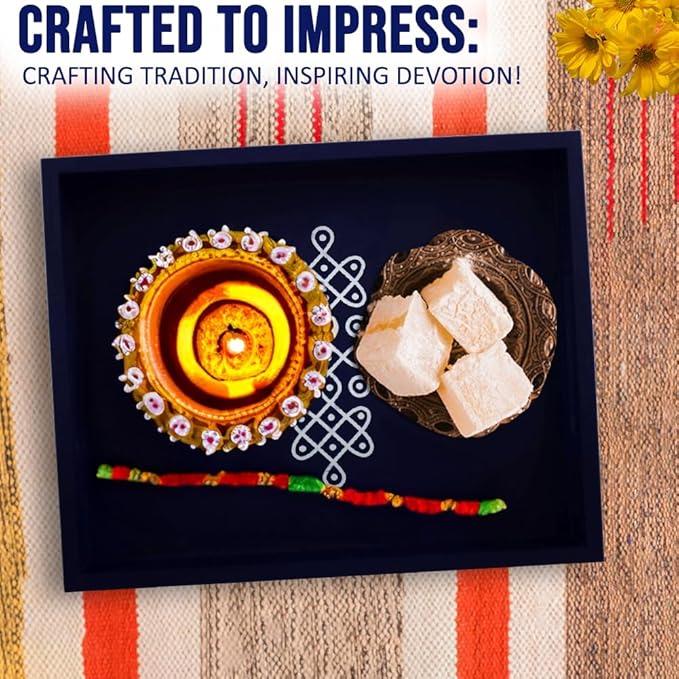 Coffee Table Tray - Decorative Trays for Home Decor - Serving Trays with Handles for Kitchen - Decor Tray - Indian Return Gift, Diwali, Pooja - 10" X 8" X 2" Size, in Blue and Brown (4, Blue)