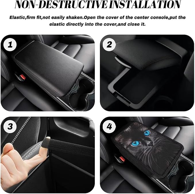 BIGCARJOB Black Cat Print Car Armrest Cover Cushion with 2 Storage Bags Universal Car Armrest Cover Center Console Armrest Pad with Pocket Animal Cat Print Armrest Seat Box Covers