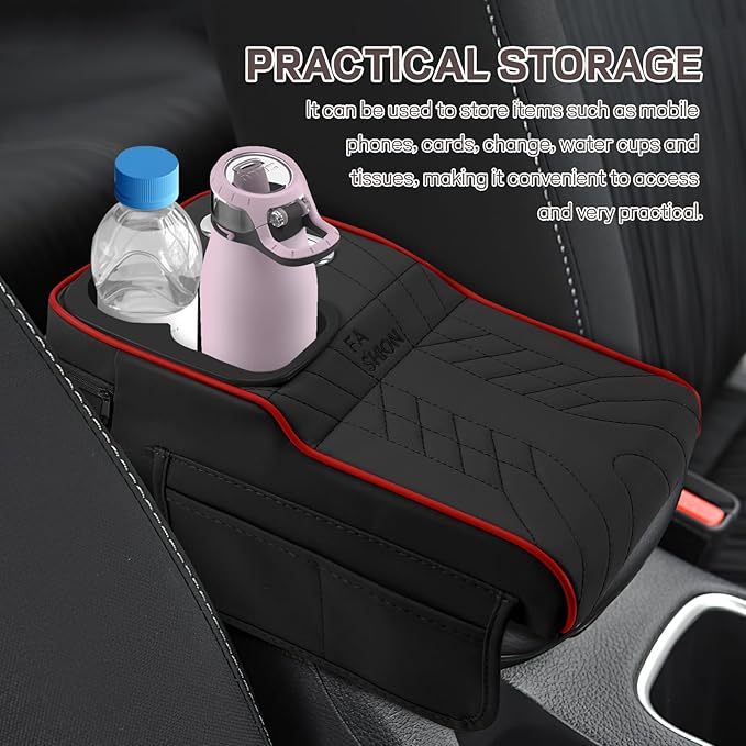 Car Center Console Armrest Pillow, 13.4"×7.5"×2" Leather Auto Arm Rest Cover with Pocket & Tissue Box & Cup Holder, Multifunctional Vehicle Armrest Cushion Pad, Car Accessories (Black+Red)