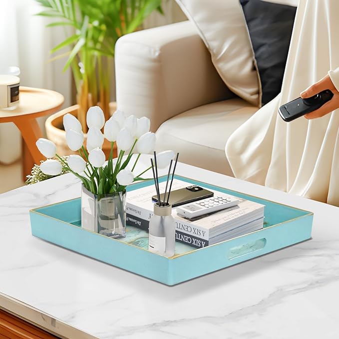 MAONAME Turquoise Square Decorative Tray for Coffee Table, Marbling Serving Tray with Handles, Modern 13" Plastic Trays for Ottoman, Bathroom, Storage