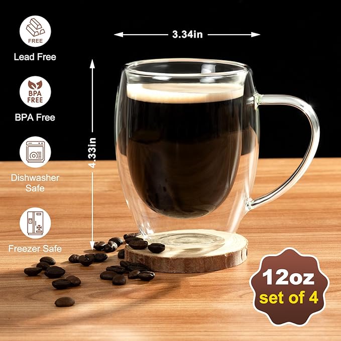 Double Walled Glass Coffee Mugs, Glass Coffee Mugs Set Of 4, Glass Coffee Cups with Handles, 12OZ, Suitable for Cappuccino, Latte, Espresso, Hot Drinks, Cold Drinks