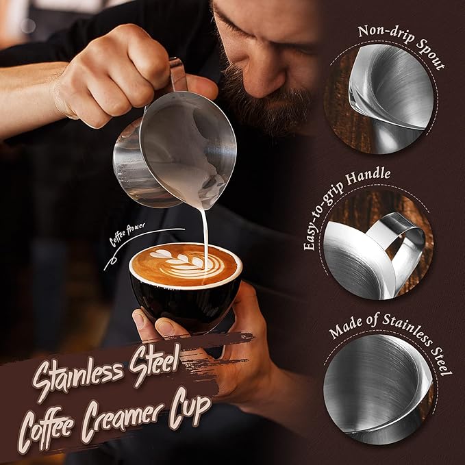 6 Pack Stainless Steel Bell Creamers 3 Ounce Creamer Pitcher Mini Coffee Milk Pitchers with Handle and Pouring Spout Cups for Serving Espresso, Tea, Milk, Maple Syrup, Sauce