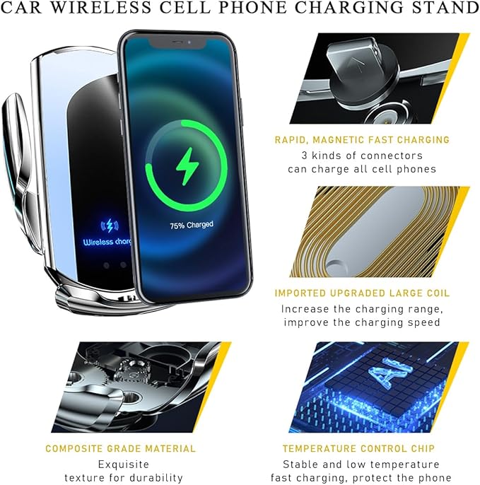 Wireless Car Charger Mount, 15W Automotive Electric Wireless Charger Holder, Car Air Vent Mount Bracket Fast Charging for Most Smartphone, Universal Car Accessories (Silver)