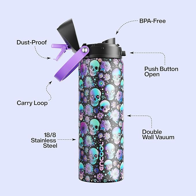 Insulated Water Bottle with Straw - Encool Stainless Steel Water Bottle with Push Button Lid, Leak-Proof & BPA-Free, Keeps Cold for 24 Hours for Sports, Travel, Gym (32 oz, Floral Afterlife)