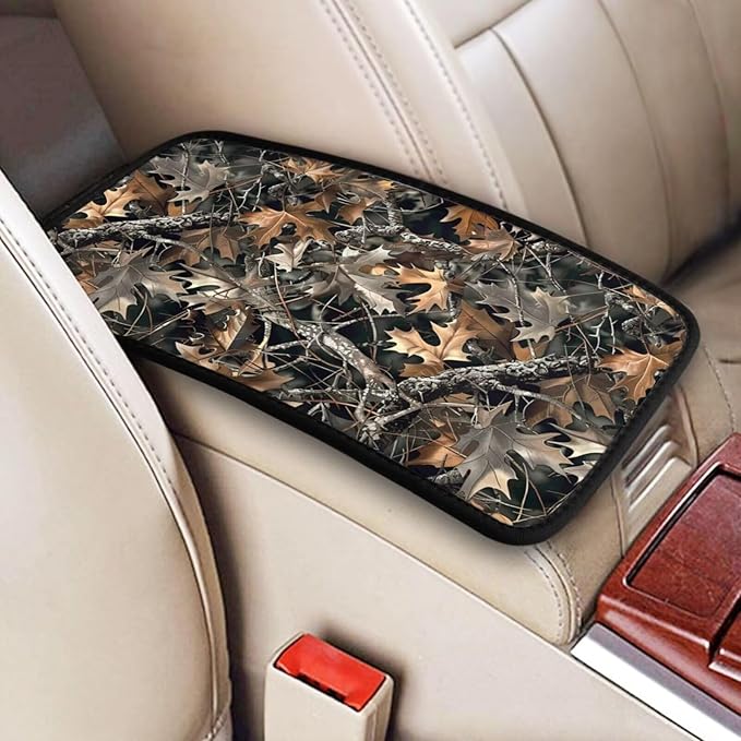 Car Center Console Cover Camo Brown Camouflage Car Armrest Storage Box Padded Cushion Hunter Hunting Fall Auto Arm Rest Cover Pad Fallen Leaves Branch Dried Leaves Car Accessories Interior